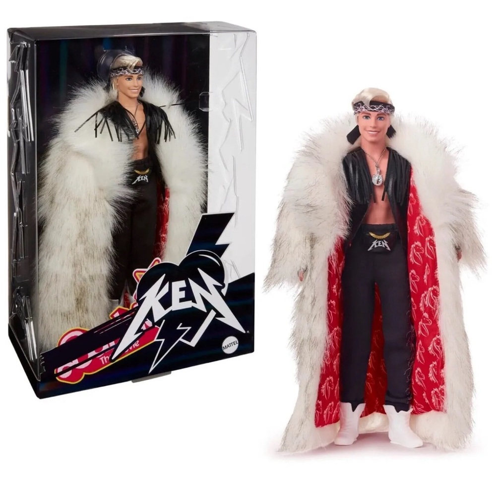 Barbie The Movie Ken Doll in Faux Fur Coat Black Fringe Vest HRF31 New In Box